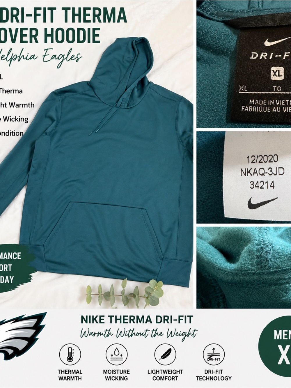 Nike NFL Philadelphia Eagles Therma Dri-FIT Pullover Hoodie Men’s XL Teal Green